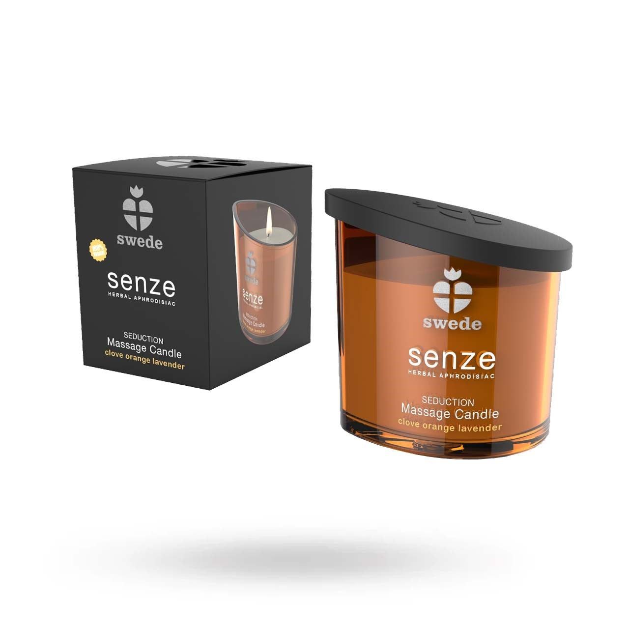 Candela da massaggio e confezione. Scritta: swede, senze, Seduction, Massage Candle, Clove Orange Lavender. Confezione nera.