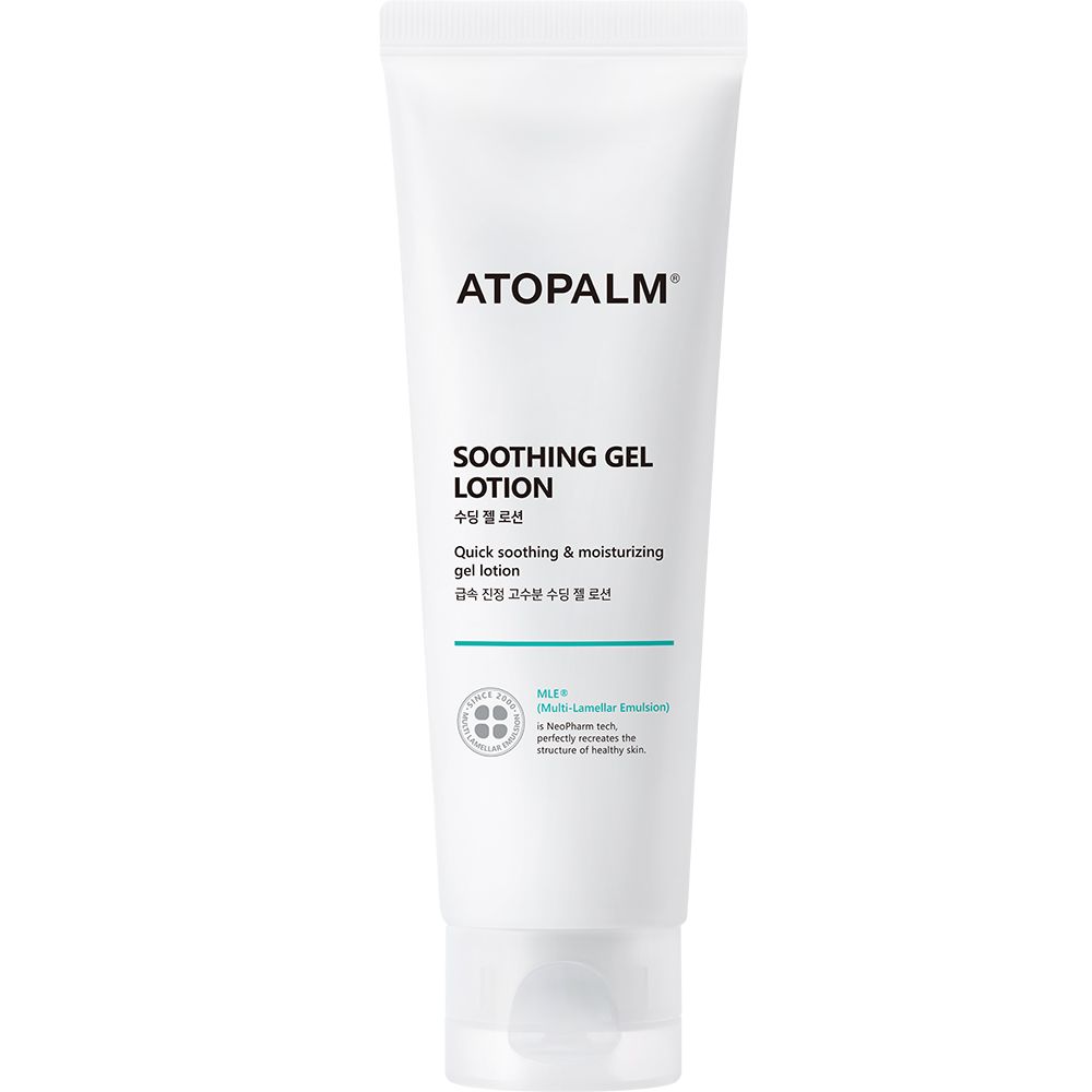 Tubo bianco ATOPALM Soothing Gel Lotion. Nome del prodotto e testo in inglese e coreano.