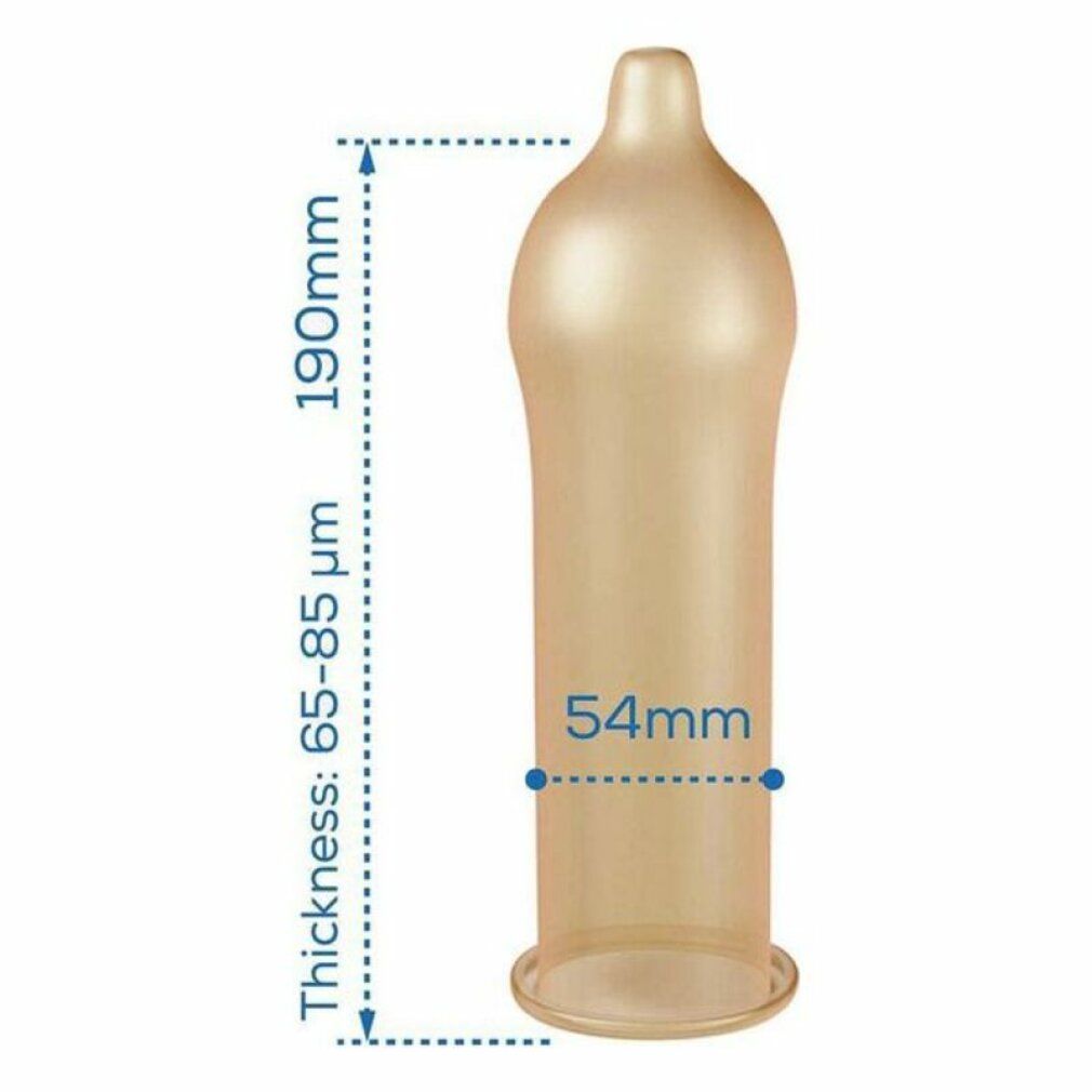 Preservativo trasparente con misure. Lunghezza 190mm, diametro 54mm, spessore 65-85 µm.