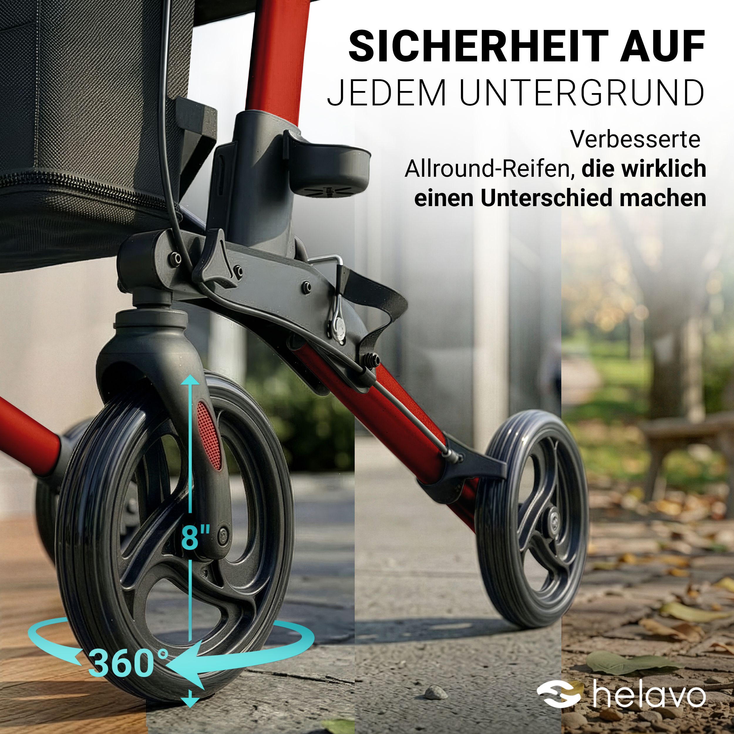 Vista dettagliata delle ruote di un rollator Helavo rosso. Ruote da 8 pollici con rotazione a 360°.
