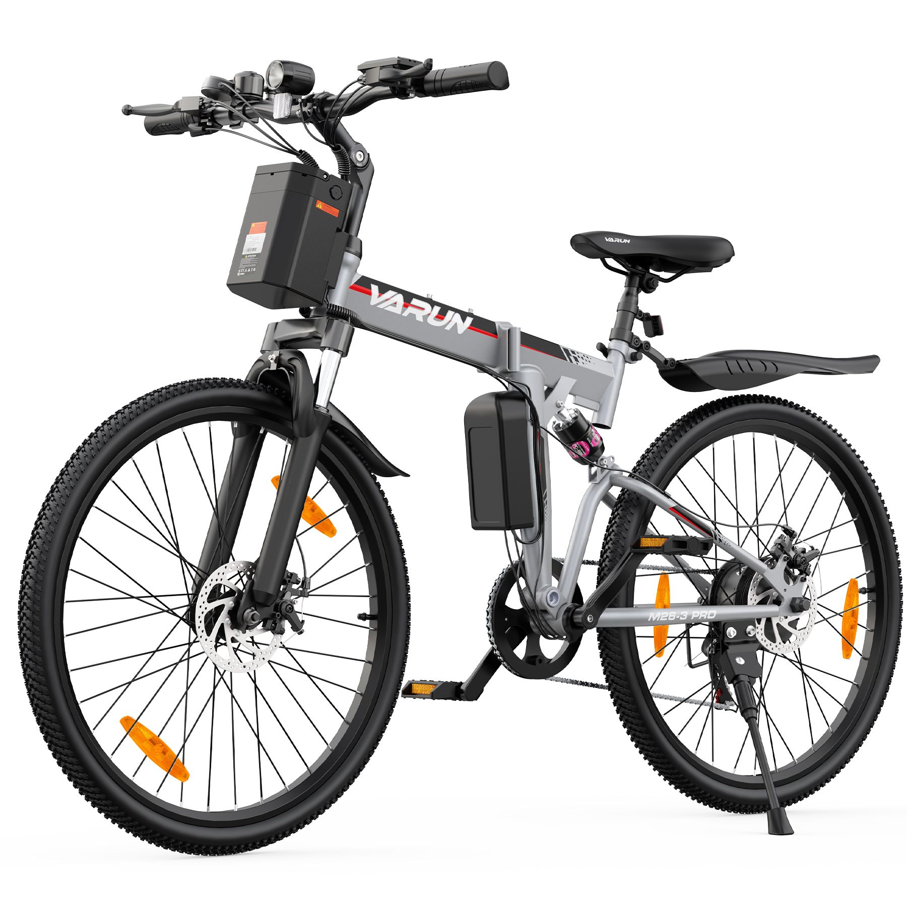 E-bike pieghevole argento, telaio e pneumatici neri. Accessori: fanale posteriore, pompa, supporto telefono.