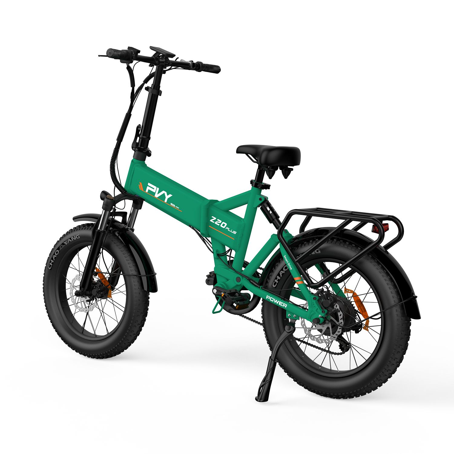 E-bike PVY Z20 Plus verde con tripla sospensione. Pneumatici neri, portapacchi e sella. Scritte visibili.