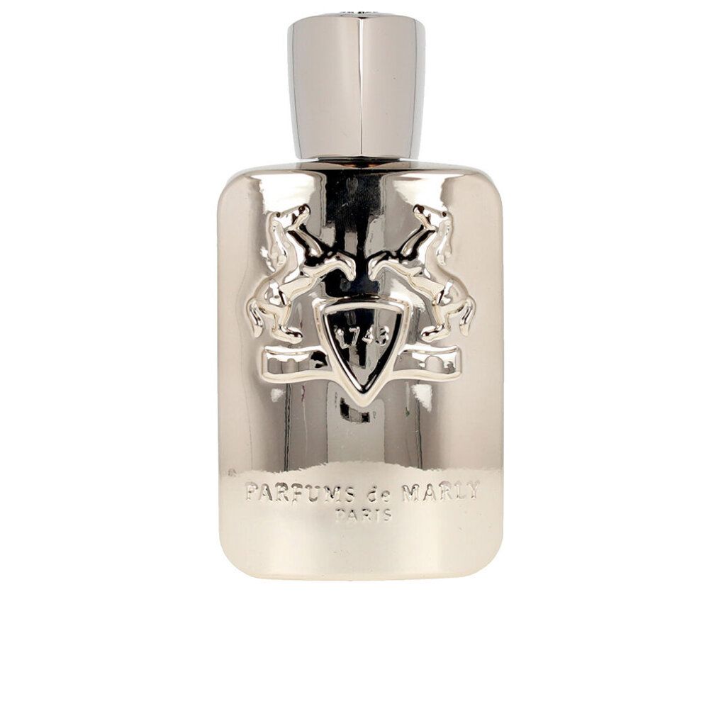 Parfums de Marly Pegasus Eau de Parfum Spray. Flacone argentato con logo e scritta.