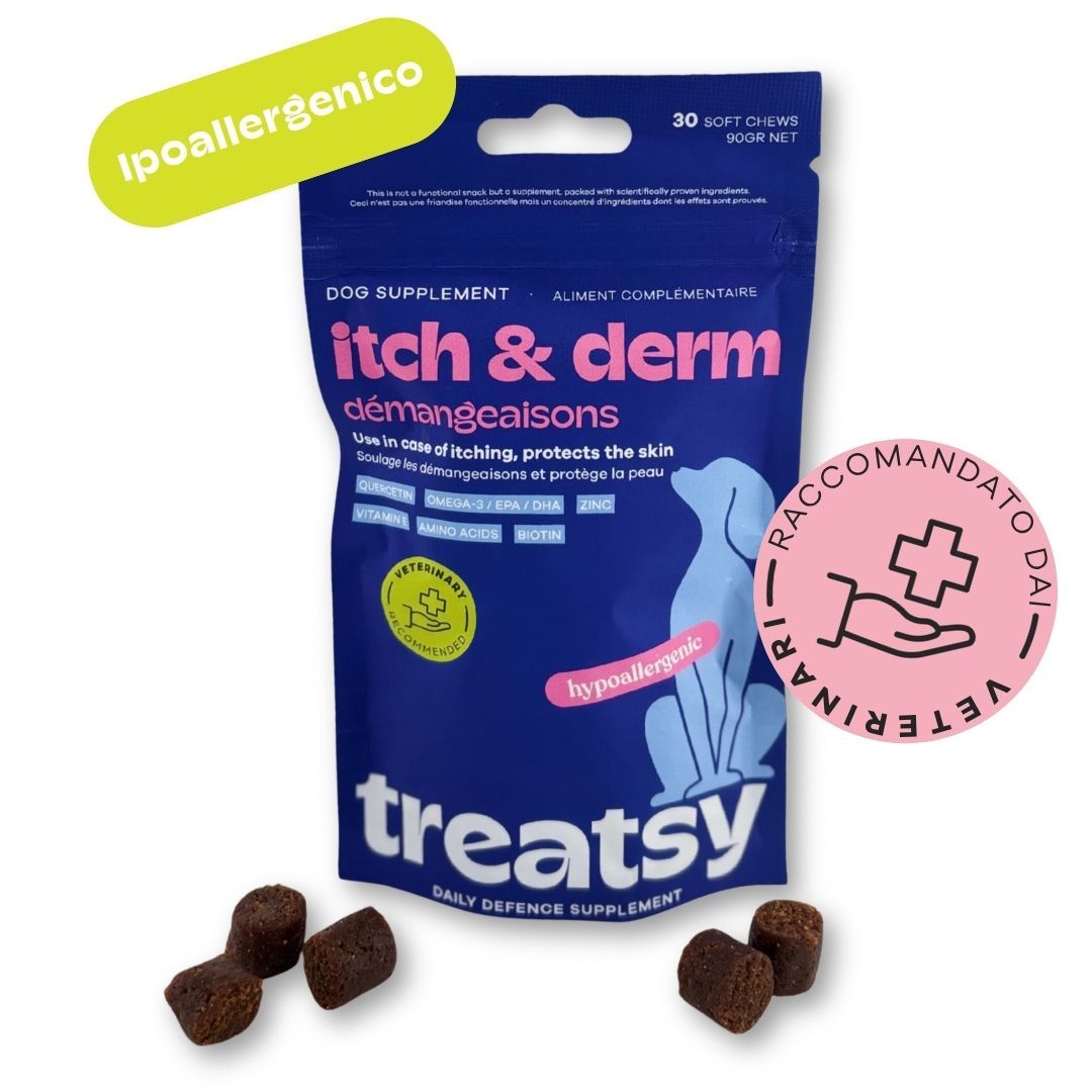 Integratore alimentare per cani 'Itch & Derm' in confezione blu, 30 morbidi masticabili. Ipoallergenico.