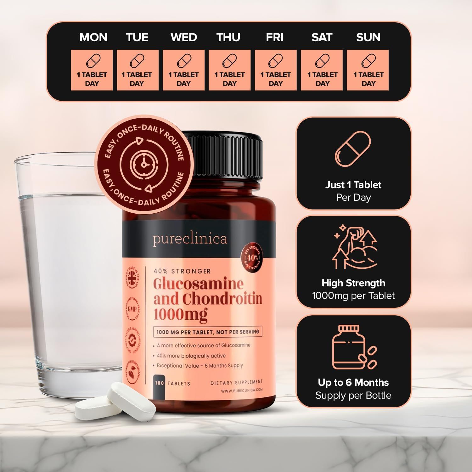 Flacone marrone di compresse con un bicchiere d'acqua. Scritta: Glucosamina e Condroitina 1000mg. Informazioni aggiuntive.