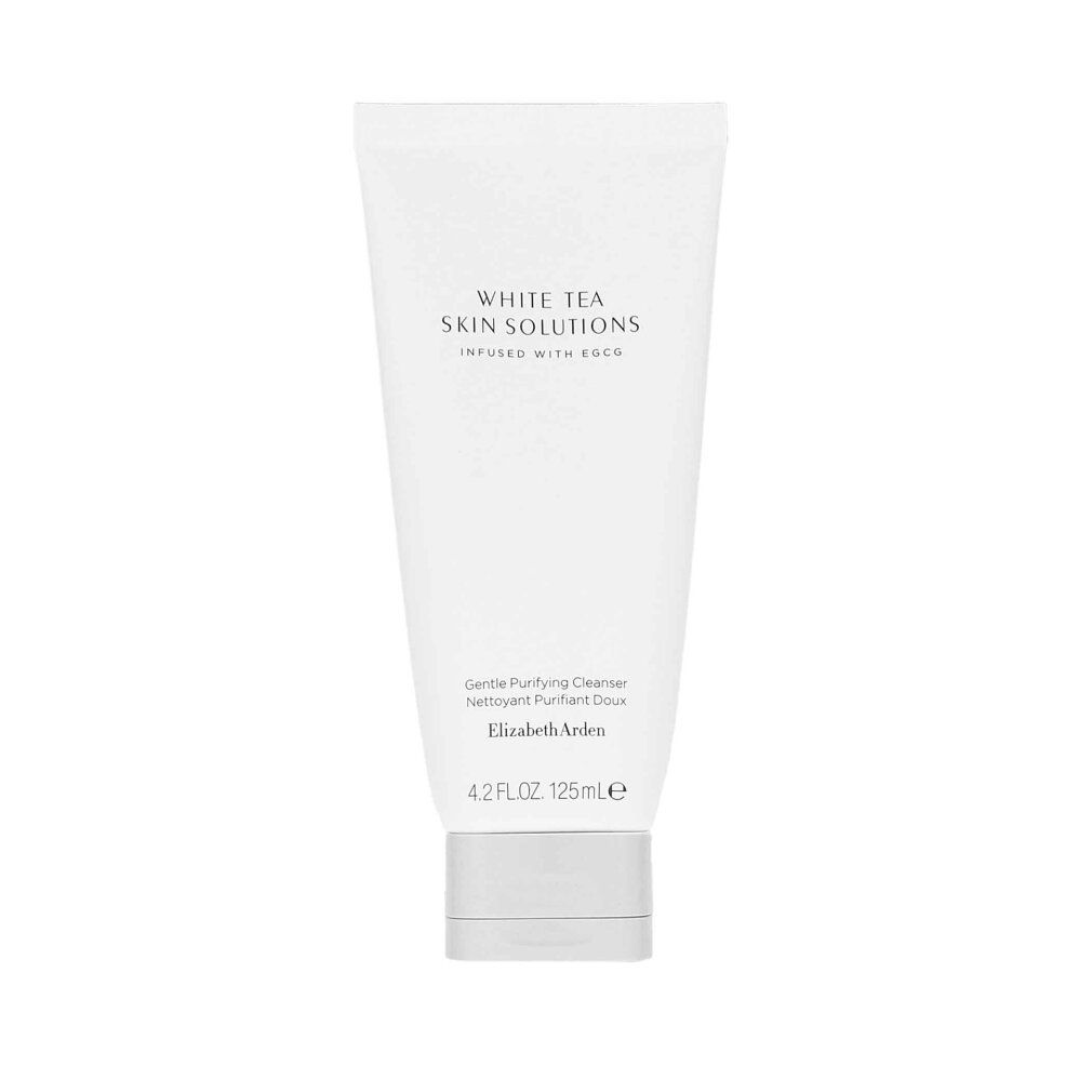 Tubo bianco con testo. Scritta: White Tea Skin Solutions, Infused with EGCG. Sotto: Gentle Purifying Cleanser, Elizabeth Arden. 125ml.