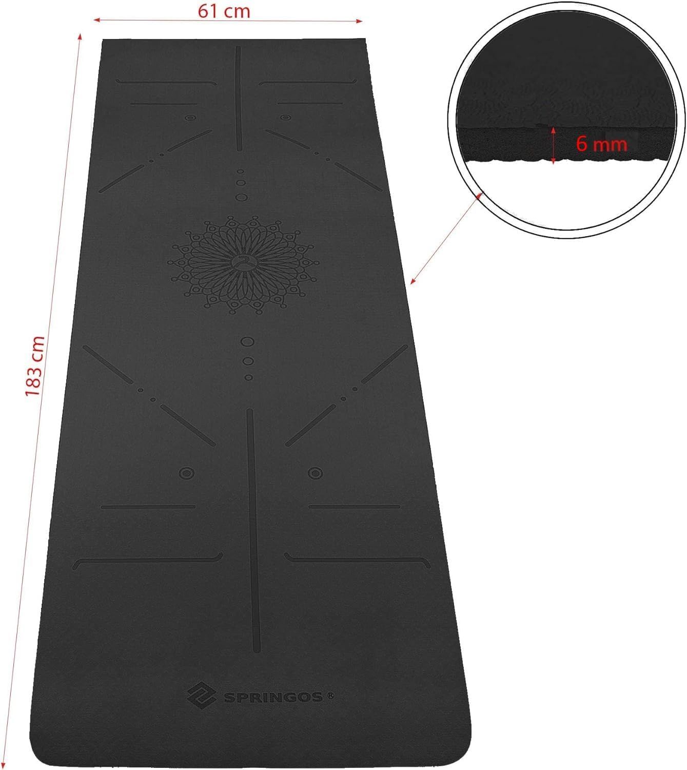 Tappetino yoga nero con segni. Dimensioni: 183 cm x 61 cm, spessore 6 mm. Logo Springos.