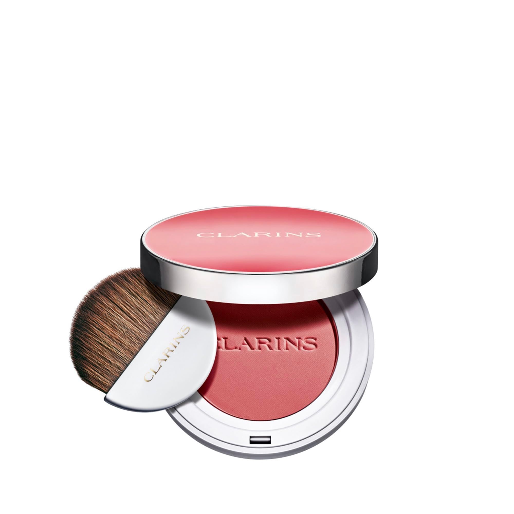 Contenitore di blush rotondo aperto con pennello. Polvere rosa, coperchio argentato, contenitore bianco. Pennello con logo Clarins.