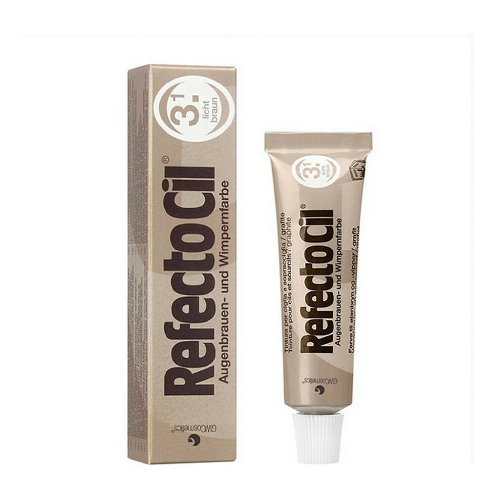 Refectocil 3.1 marrone chiaro, tinta per ciglia e sopracciglia. Tubo e confezione. Scritta marrone su sfondo beige.