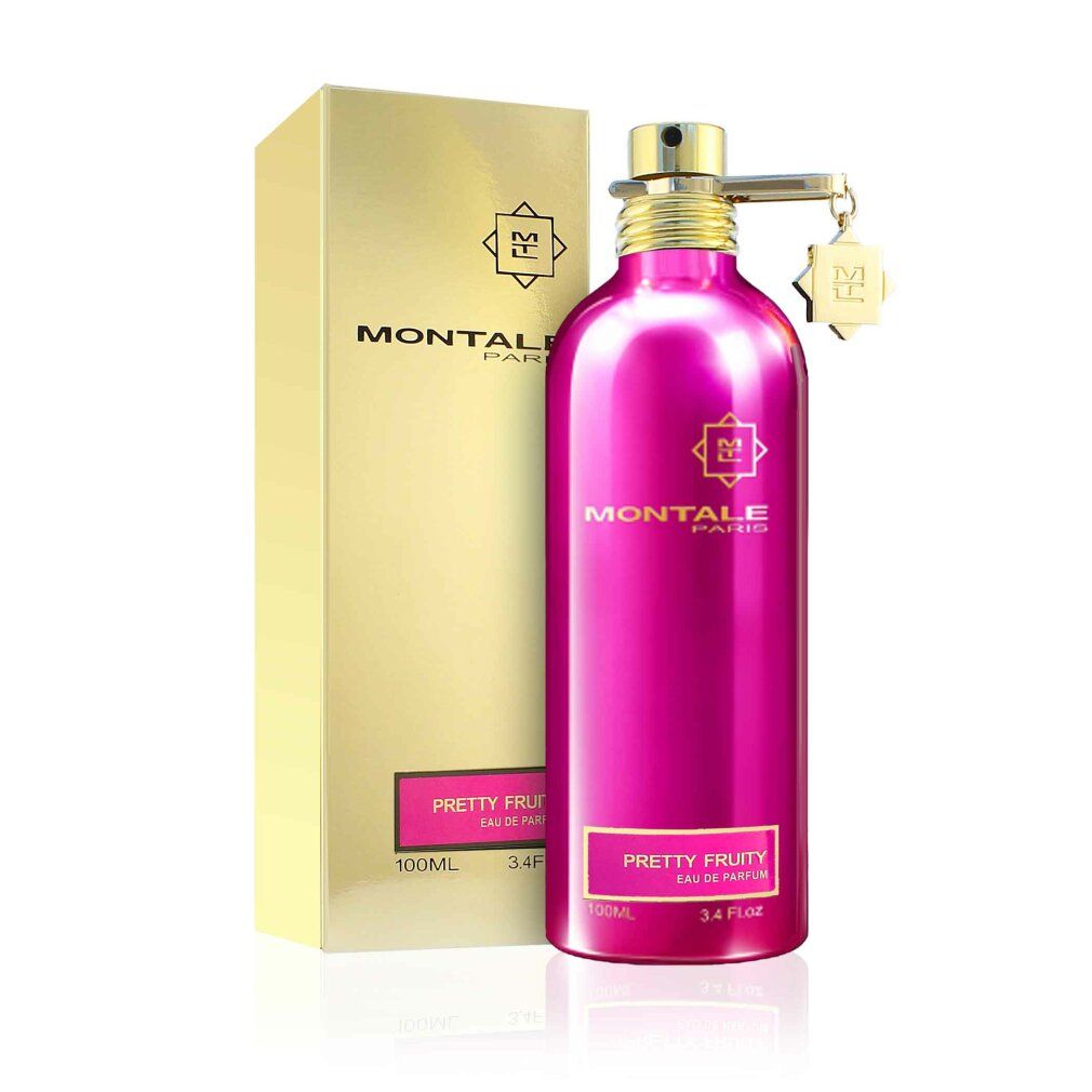 Flacone rosa e confezione dorata. Scritta: MONTALE PARIS, PRETTY FRUITY. Ciondolo con logo.