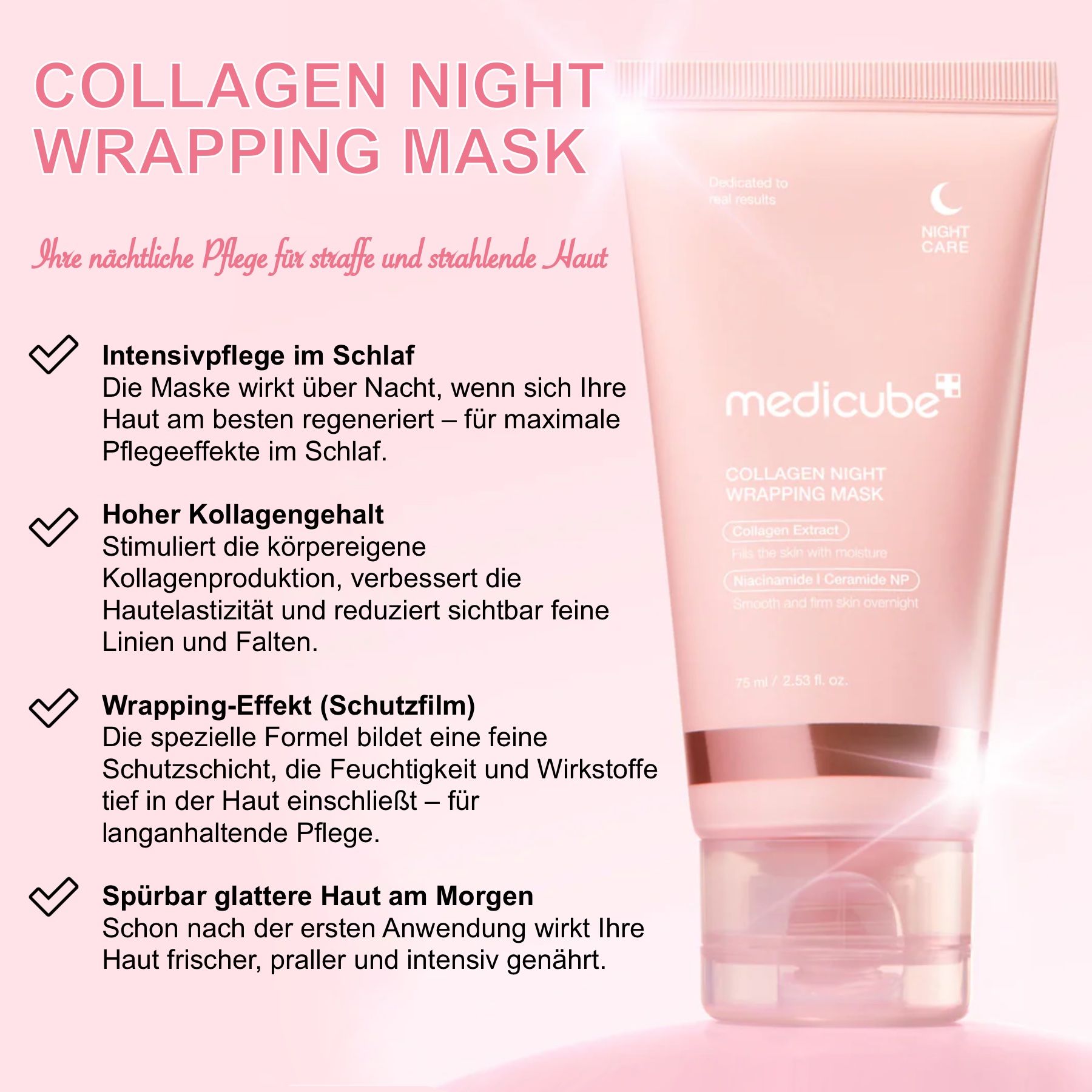 Un tubo di Medicube Collagen Night Wrapping Mask. Testo: Collagen Night Wrapping Mask. Vantaggi: cura intensiva, alto contenuto di collagene, effetto avvolgente.