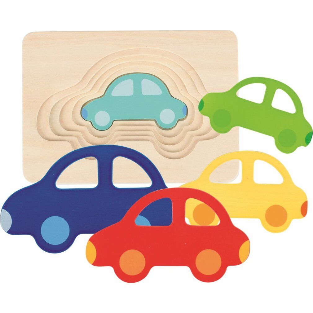 Puzzle in legno Goki a 5 strati a forma di auto. Auto blu, rosse, gialle e verdi.