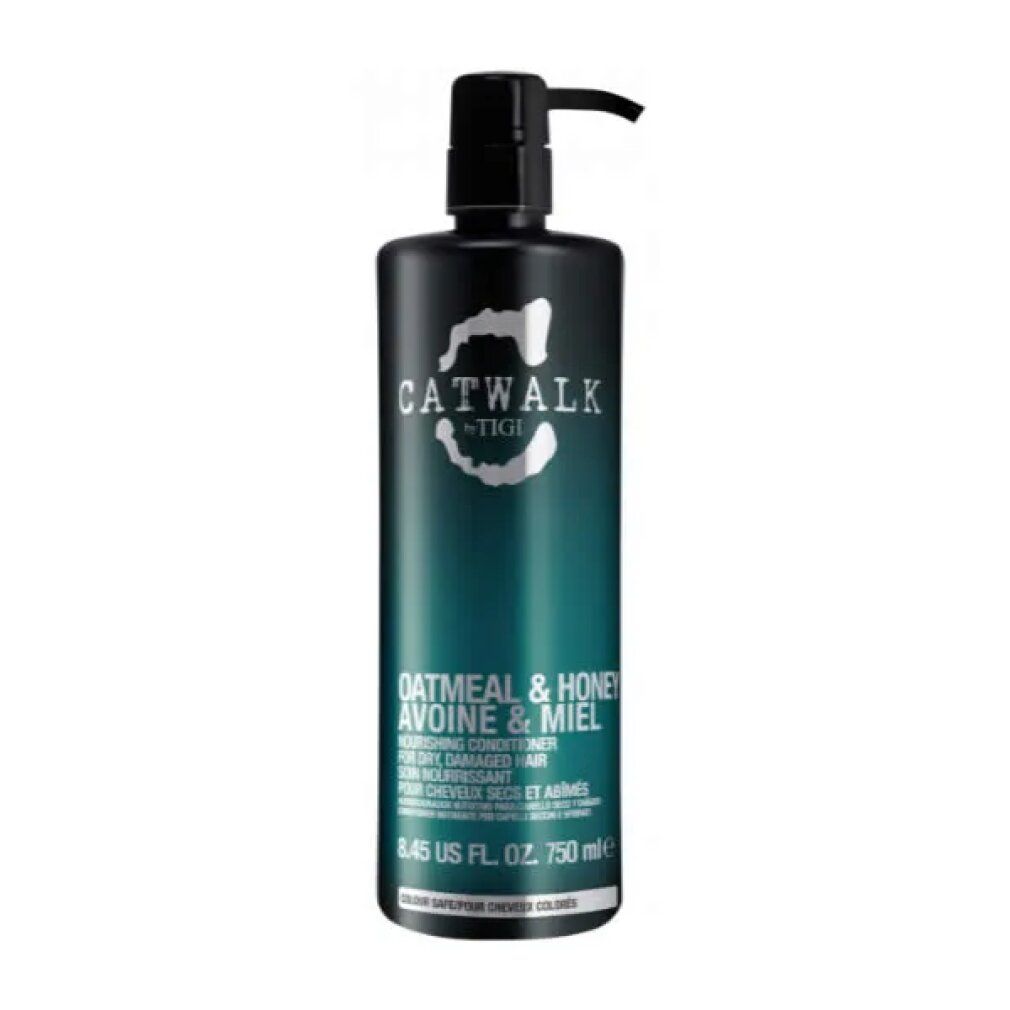 Flacone verde scuro con dosatore nero. Scritta: CATWALK by TIGI, Oatmeal & Honey. Per capelli danneggiati.