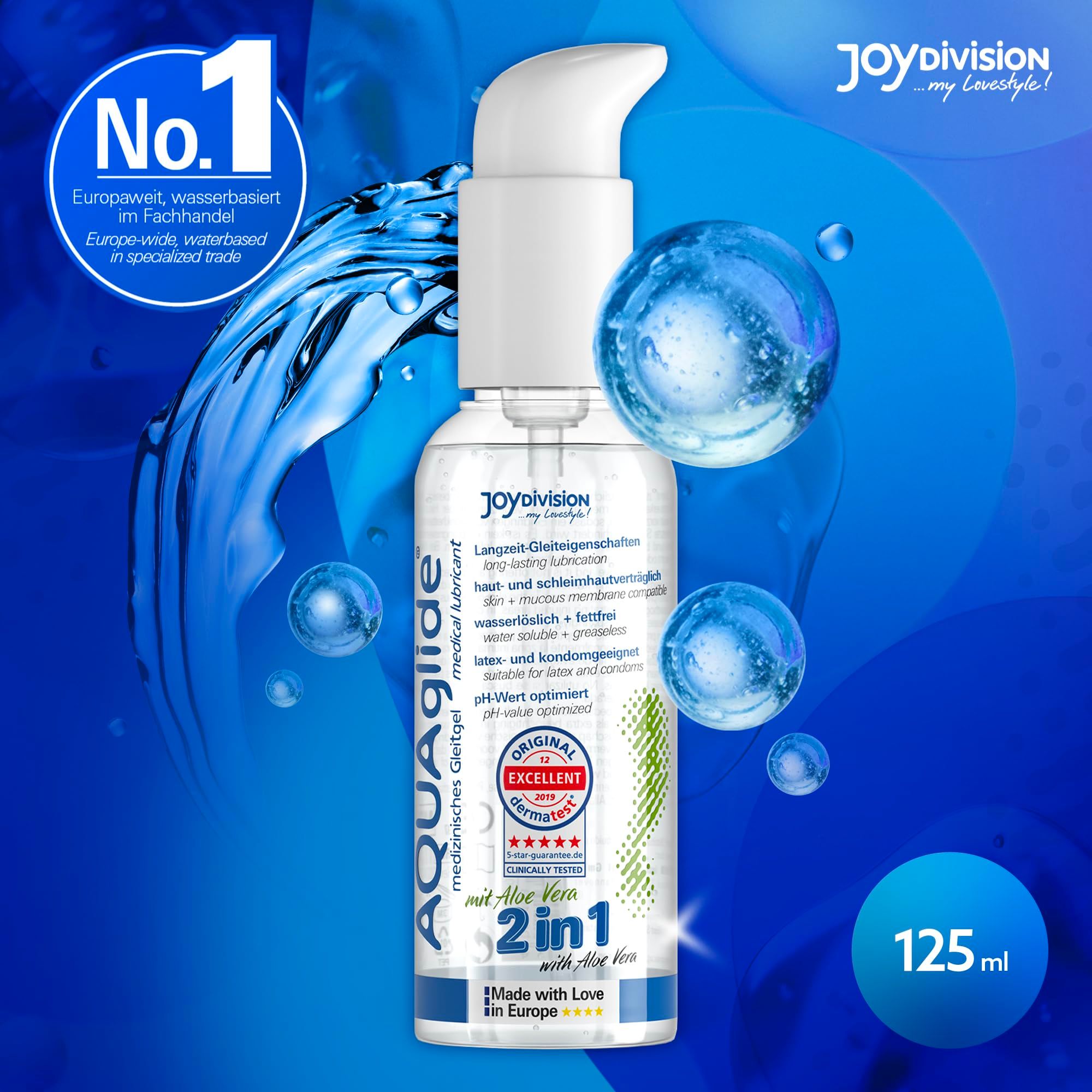 Gel lubrificante AQUAGLIDE 2in1 Aloe Vera, flacone pompa 125ml, sigillo "Original Excellent".