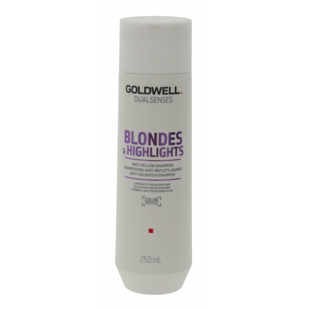 Goldwell Blondes & Highlights Shampoo antigiallo. Flacone bianco, testo viola. 250 ml. Sigillo Color.