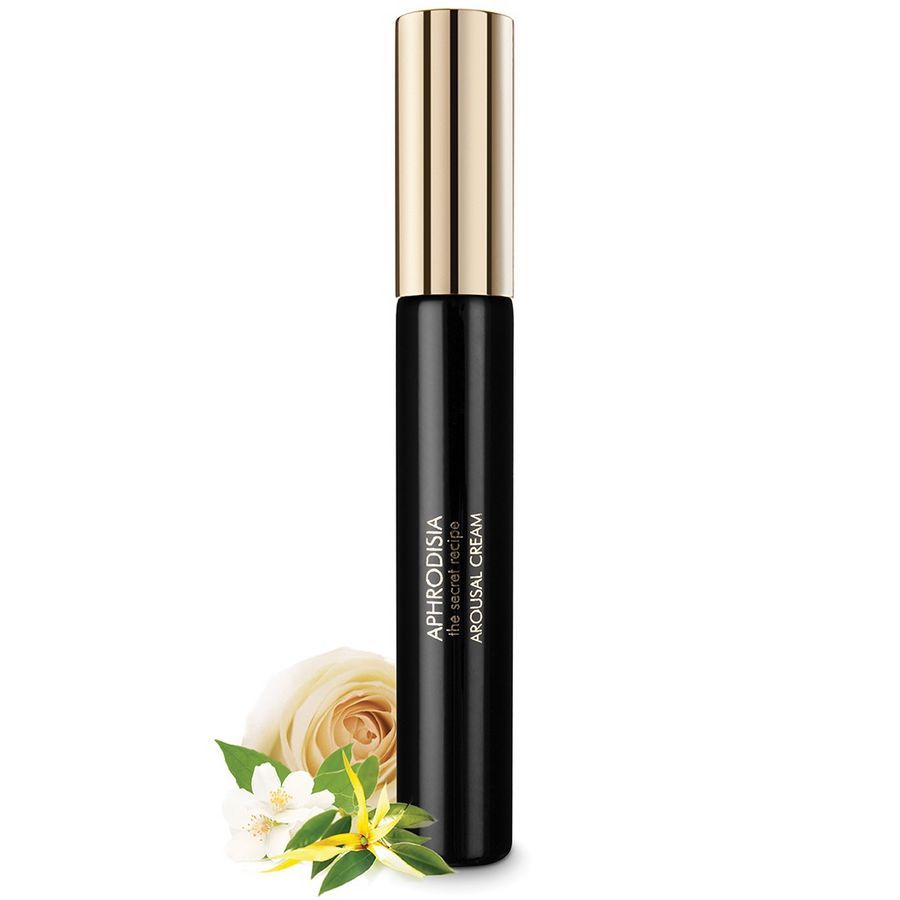 Flacone nero con tappo dorato, con rosa e foglie. Scritta: Aphrodisia, the secret recipe, Arousal Cream.