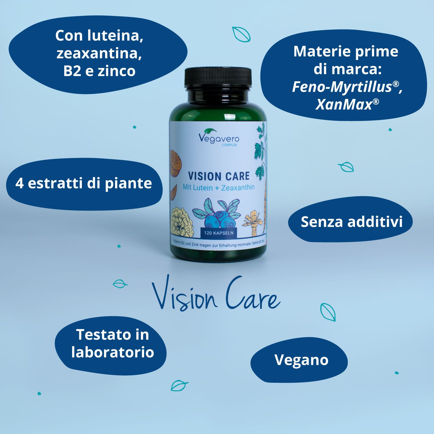 Bottiglia verde con tappo nero. Scritta: VISION CARE. Con luteina, zeaxantina, B2 e zinco. Vegano. 4 estratti di piante.