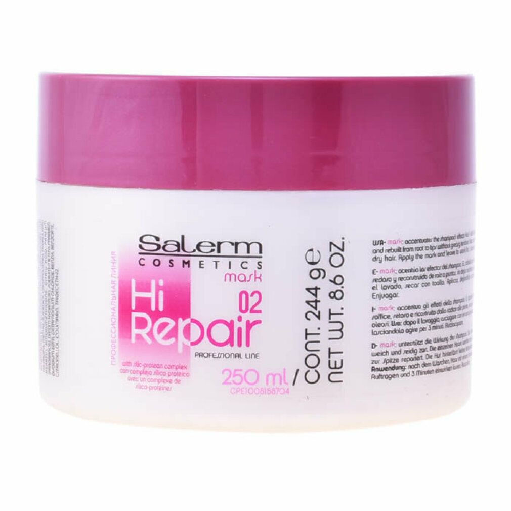 Barattolo di crema con coperchio. Scritta: Salerm Cosmetics Hi Repair Mask 02. Contenuto: 250 ml. Confezione rosa e bianca.