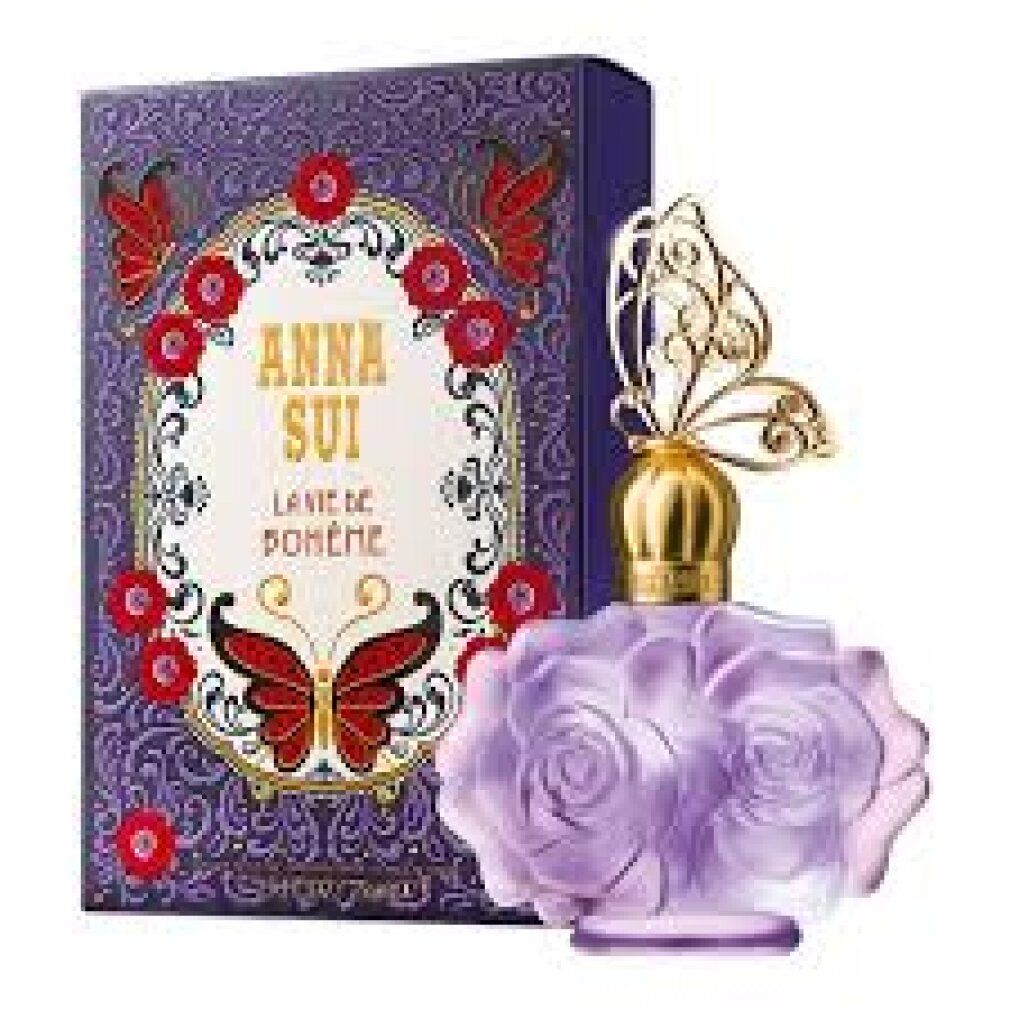 Anna Sui La Vie de Boheme Eau de Toilette Spray con confezione. Flacone a forma di rosa, tappo a farfalla dorato.