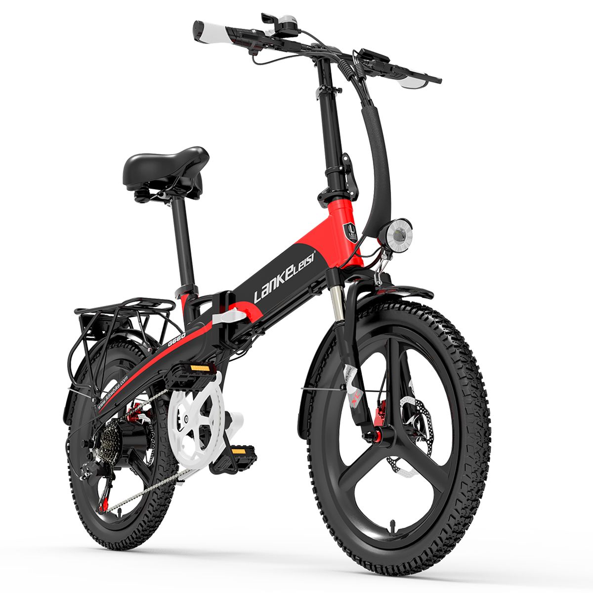 E-bike pieghevole, rosso-nero. Visibile: marca LANKELEISI, G660. Pneumatici neri, portapacchi, faro. Telaio piegato.