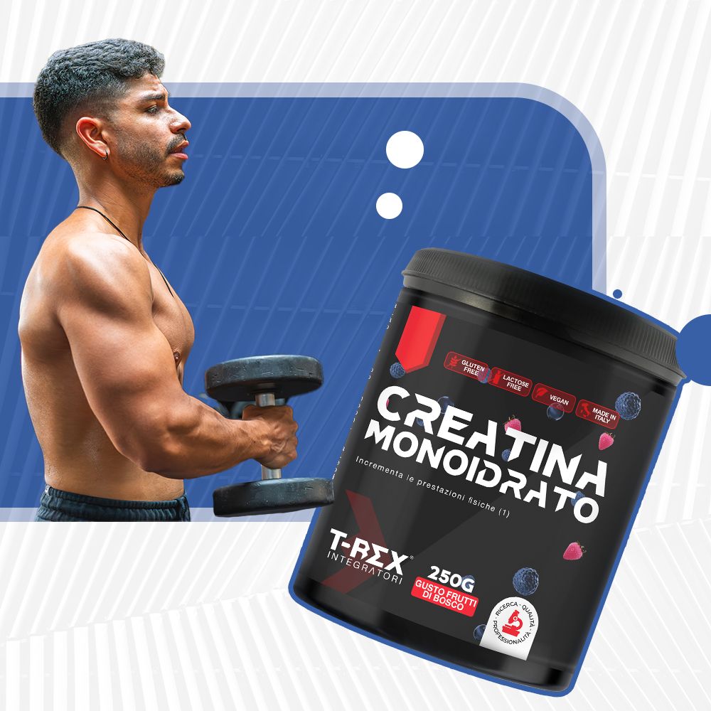 Uomo con manubrio. Barattolo CREATINA MONOIDRATO. Senza glutine, lattosio, vegano. Gusto frutti di bosco. 250g. Uomo che si allena.