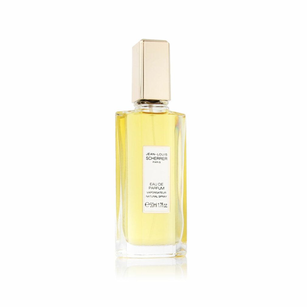 Flacone di profumo con tappo dorato. Scritta: Jean-Louis Scherrer Paris, Eau de Parfum, 50ml 1.7 fl.oz.
