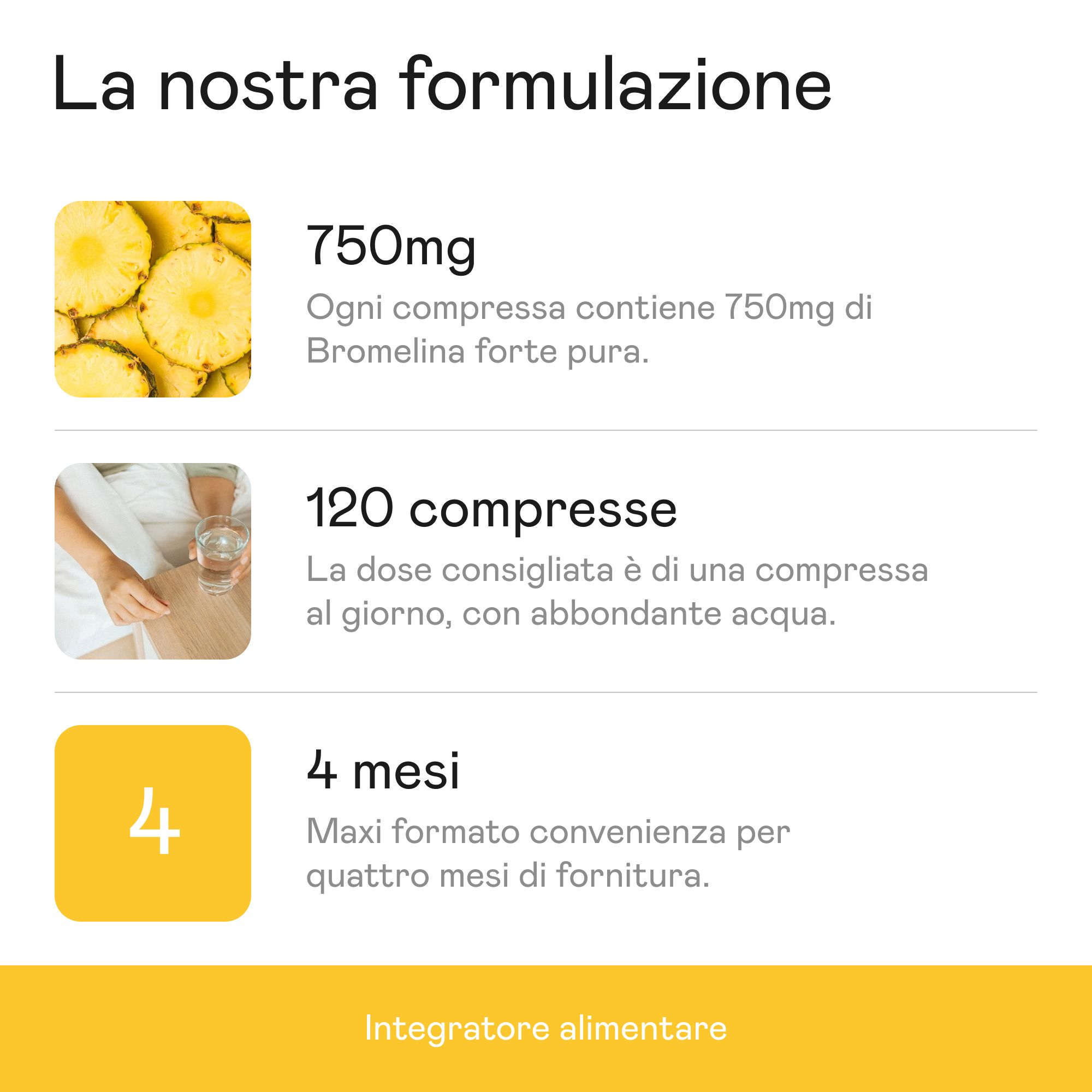 Flacone Aenea Bromelina. Testo: 750mg, 120 compresse, 4 mesi. Informazioni: Integratore alimentare.
