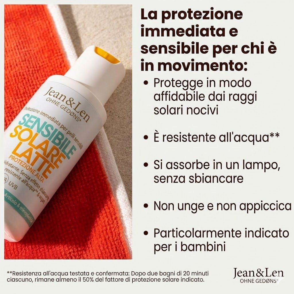 Flacone bianco con tappo giallo su asciugamano rosso. Testo: Sensitive Sonnenmilch 50. Resistente all'acqua. Per bambini.