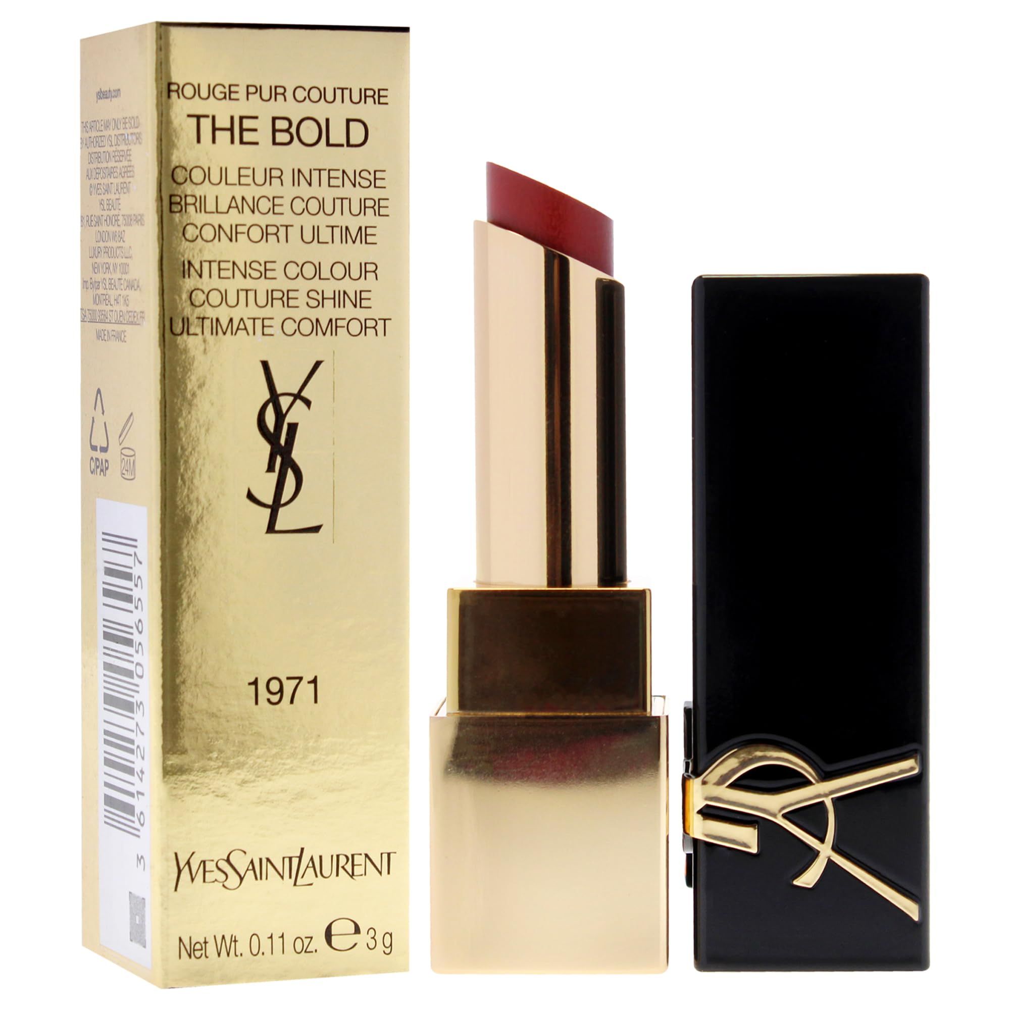 Rossetto rosso con confezione. Confezione dorata con nome del prodotto e logo YSL. Rossetto aperto.