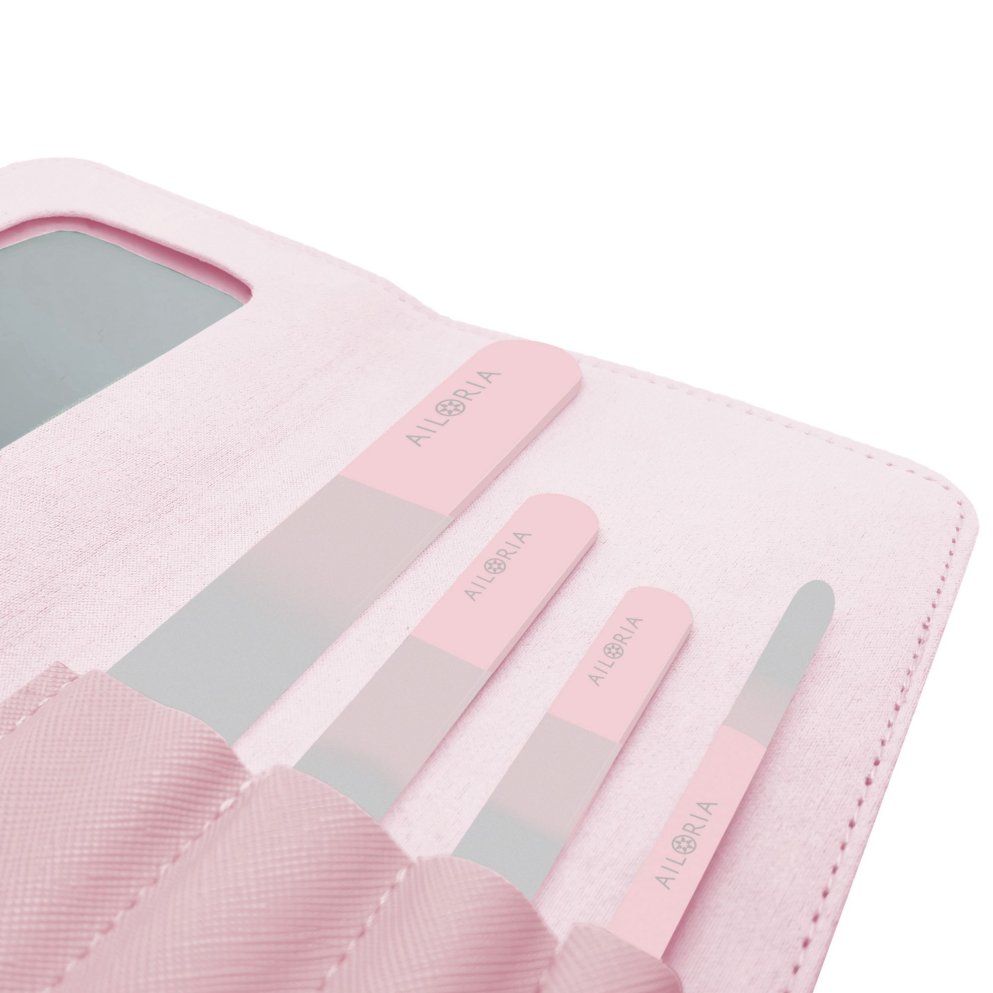 Astuccio rosa con tre lime per unghie in vetro. Logo AILORIA sulle lime. Specchio nell'astuccio.