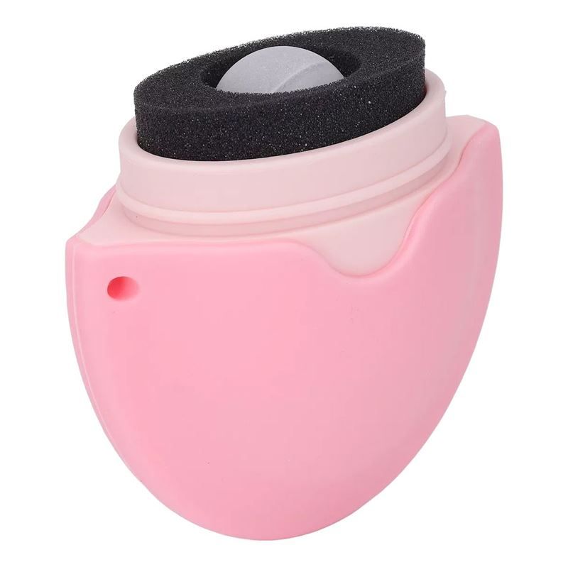 Prodotto ovale rosa con spugna e rullo. Spugna nera circonda il rullo. Alloggiamento rosa.
