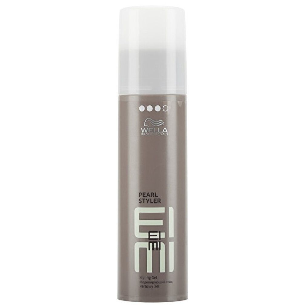 Flacone grigio con tappo bianco. Scritta: Wella, Pearl Styler, Eimi. Gel per lo styling.