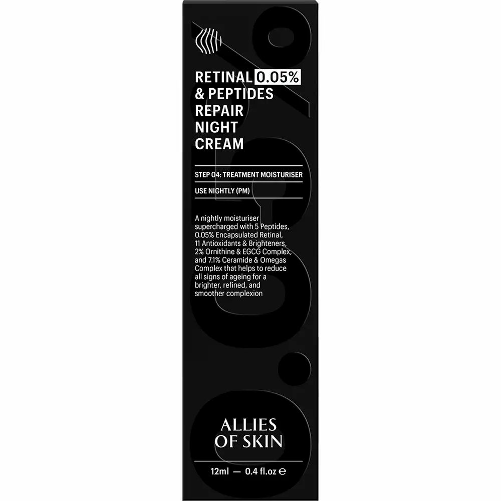 Confezione nera con testo bianco. Contiene Retinal 0,05% & Peptide Repair Night Cream. Marchio: ALLIES OF SKIN.