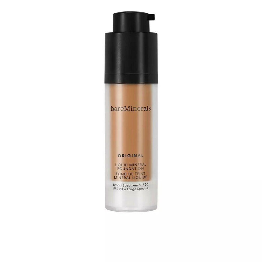 Fondotinta liquido in flacone trasparente con erogatore nero. Scritta: bareMinerals, Original, Liquid Mineral Foundation.
