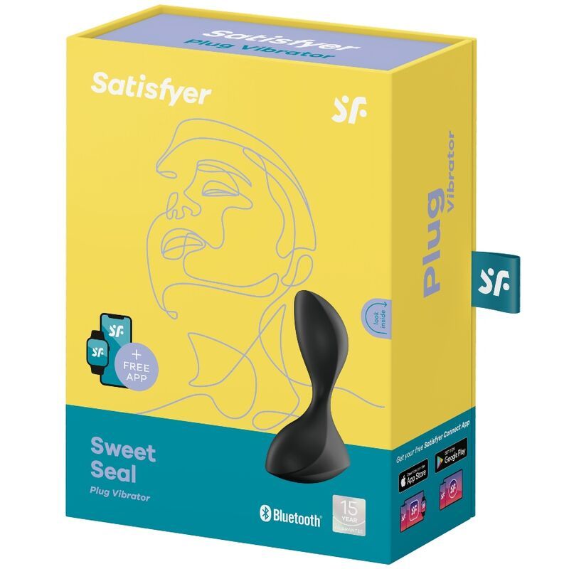 Confezione con immagine del prodotto. Scritta: Satisfyer, Sweet Seal, Plug Vibrator. Prodotto: nero, a forma di goccia.