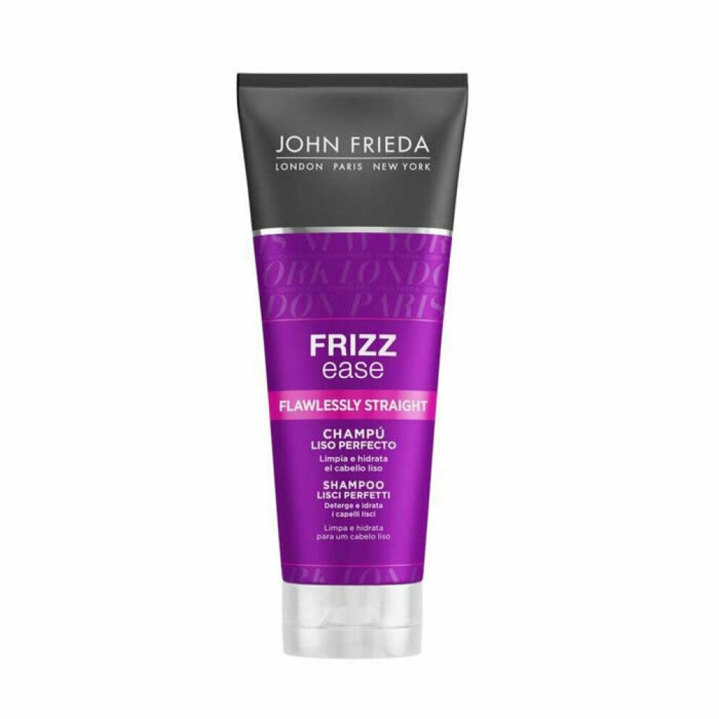 Tubo viola con tappo nero. Scritta: John Frieda, Frizz Ease, Flawlessly Straight Shampoo. Contiene cheratina e olio di jojoba.