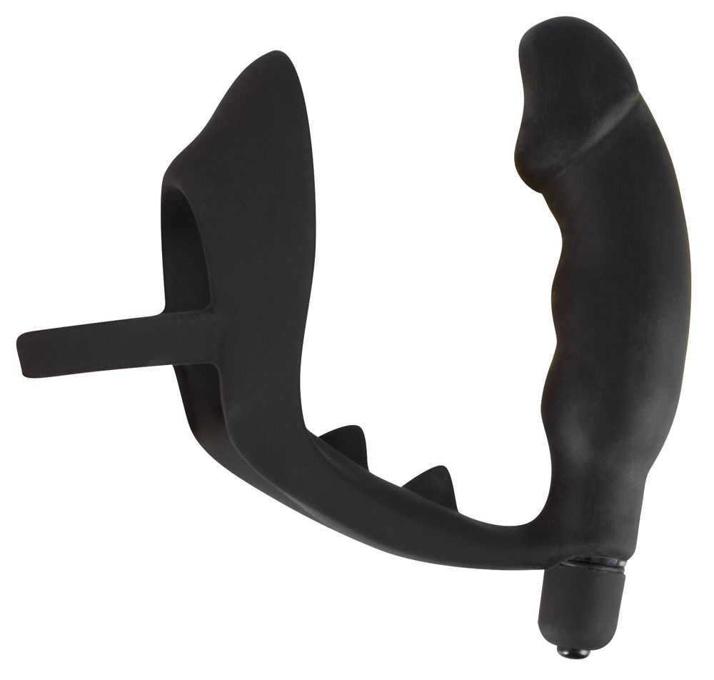 Anello per pene/scroto nero con plug anale. Parte ad anello, asta curva con forma di pene, plug anale all'estremità. Silicone.