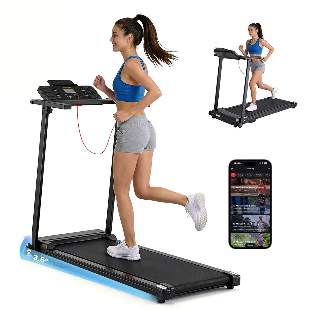 Donna che corre su un tapis roulant nero. Smartphone con display dell'app. Tapis roulant in uso e piegato. Angolo di inclinazione 3,5°.