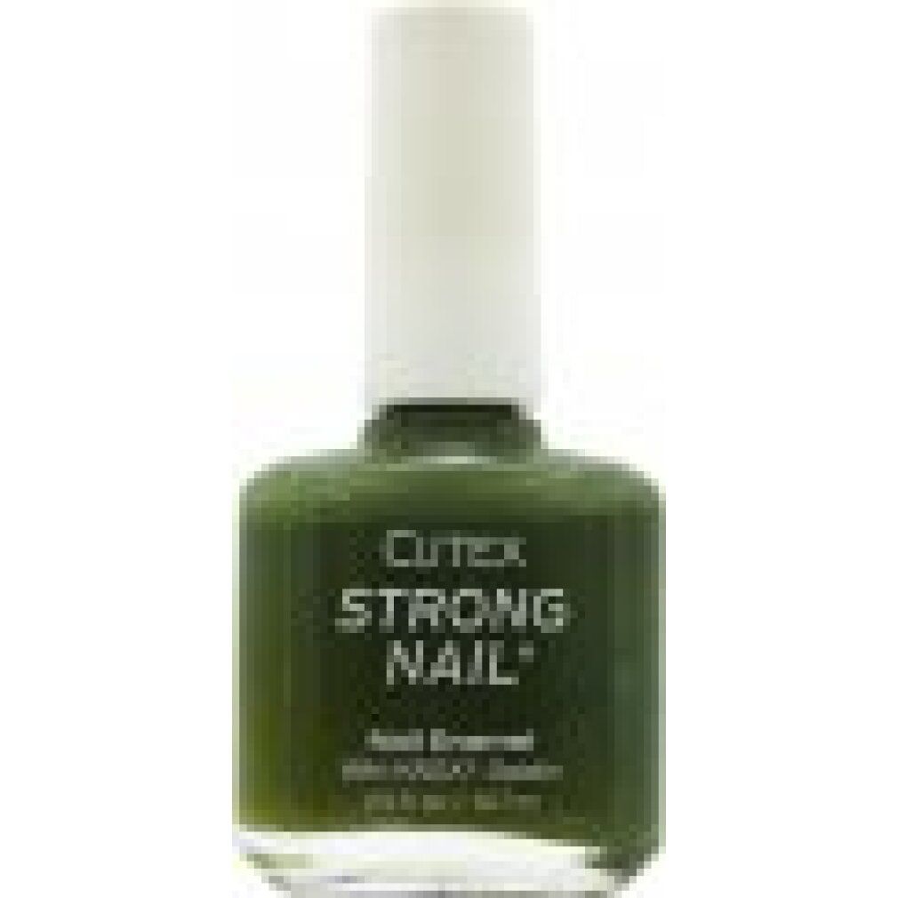 Flacone di smalto verde con tappo bianco. Scritta: Cutex Strong Nail. 0,5 fl. oz. / 14,7 ml.