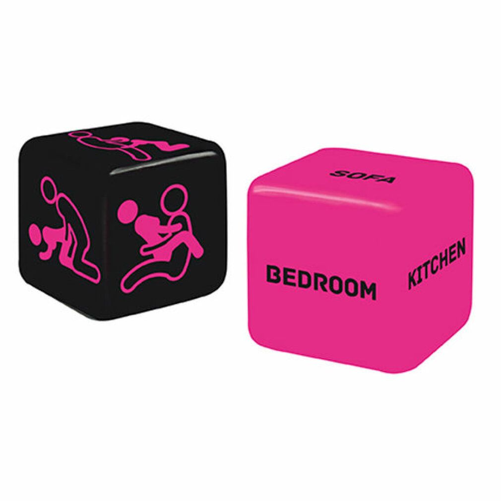 Due dadi: Nero con simboli Kama Sutra rosa, Rosa con luoghi come 'Divano', 'Camera', 'Cucina'.