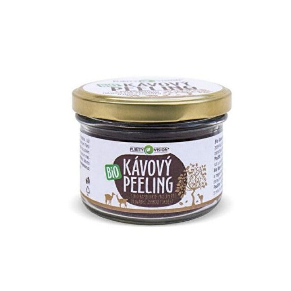 Vaso in vetro con contenuto marrone e coperchio dorato. Etichetta con testo: Kávový Peeling, certificazione Bio e logo. Scritta Purity Vision.