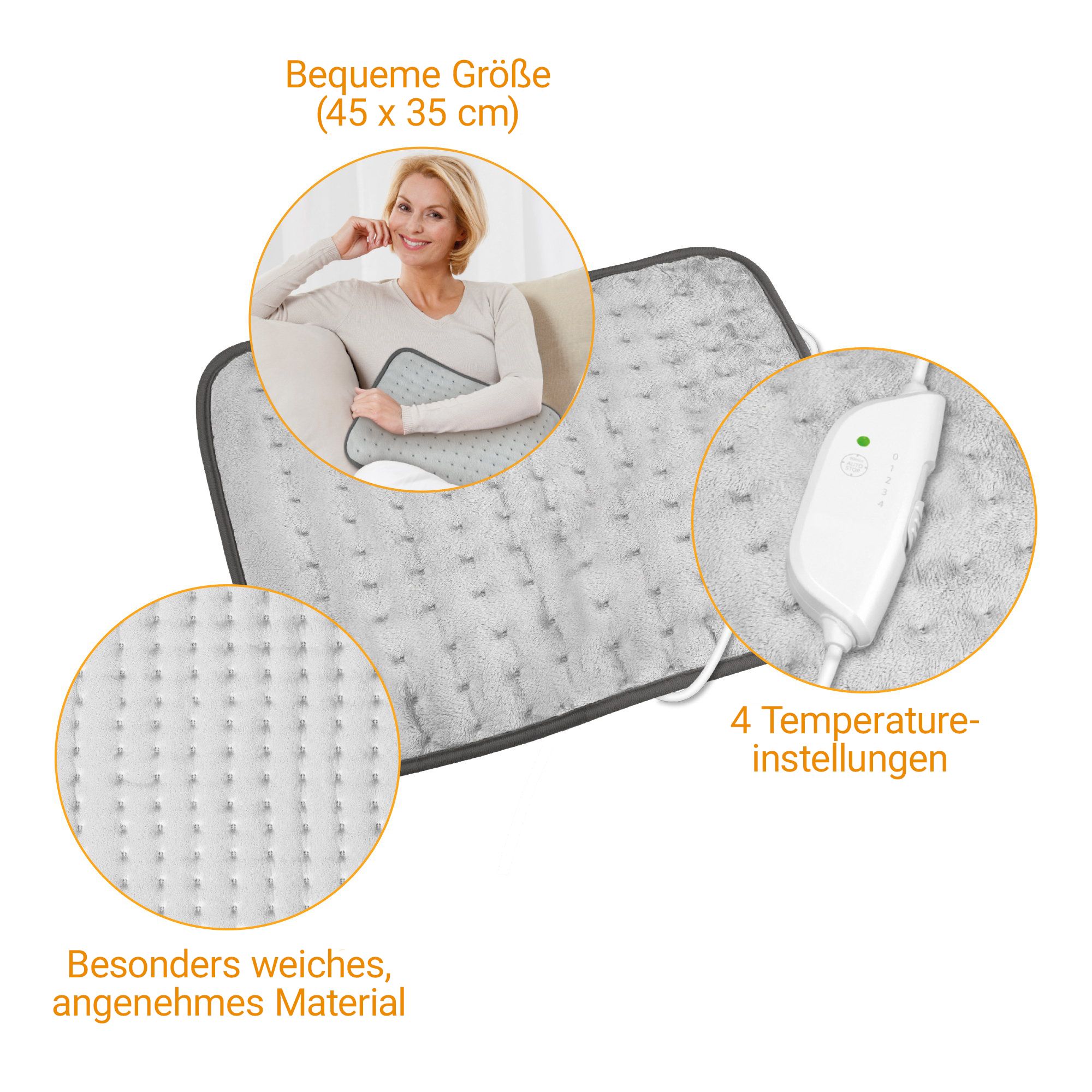Cuscino riscaldante grigio con viste dettagliate: dimensioni (45x35cm), materiale morbido, 4 impostazioni di temperatura.