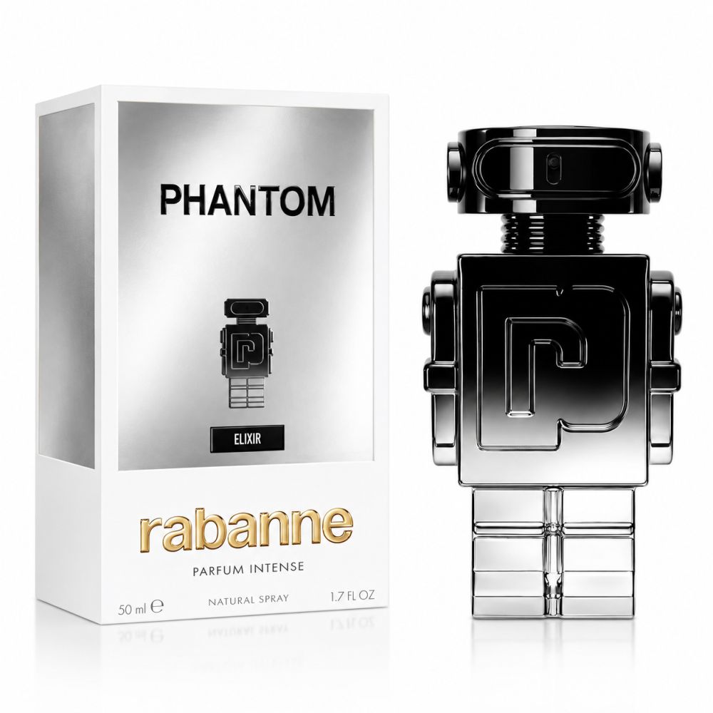 Flacone di profumo Rabanne Phantom Elixir a forma di robot accanto alla sua confezione.