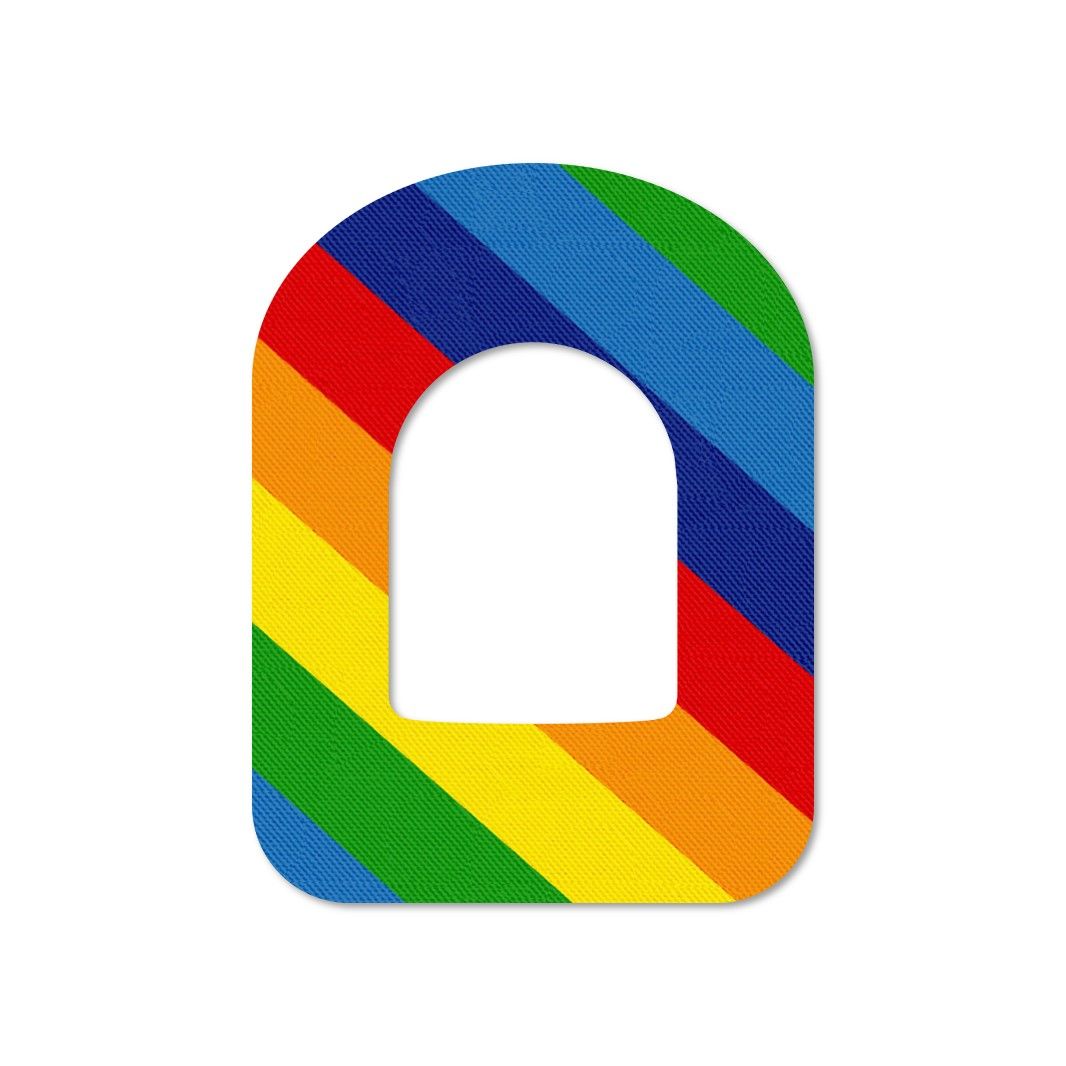 Cerotto a forma di U con motivo arcobaleno. Colori: rosso, arancione, giallo, verde, blu. Materiale: tessuto.