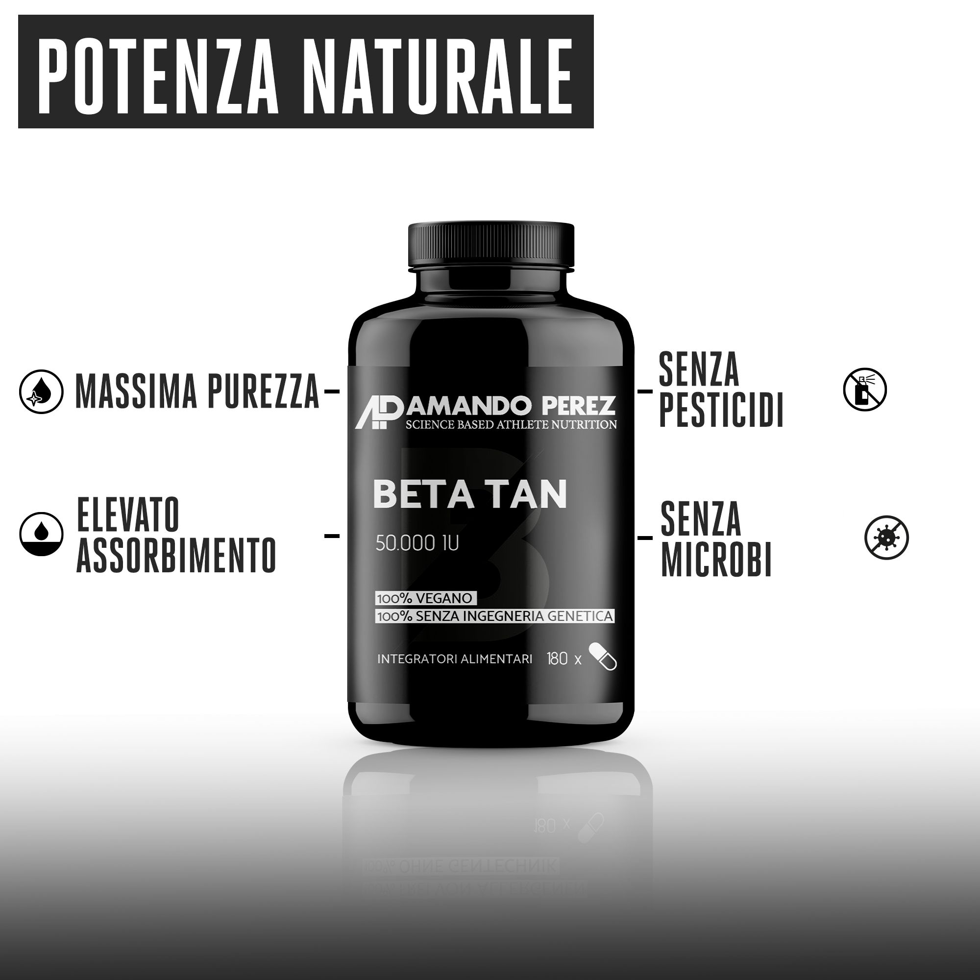 Flacone nero di capsule Beta Tan. Testo: Massima purezza, elevato assorbimento, senza pesticidi, senza microbi.