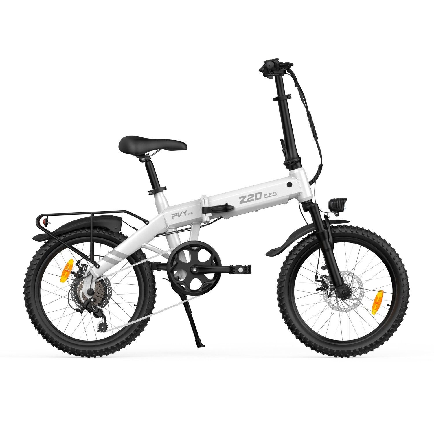 E-bike pieghevole, bianco e nero. Logo Z20, logo PVY, portapacchi, faro, parafanghi.
