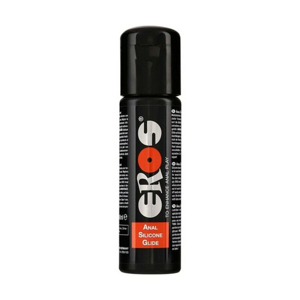 Flacone nero con tappo a ribalta. Scritta: EROS, Anal Silicone Glide. Testo sul flacone.
