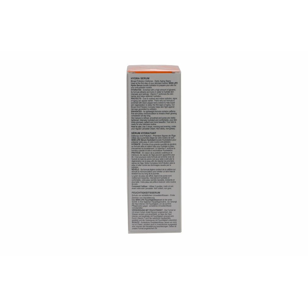 Confezione con testo. Scritta: Lancaster, Skin Life Hydra Serum. Testo su ingredienti e uso.