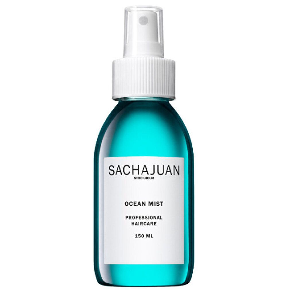 Flacone di Sachajuan Ocean Mist. Prodotto turchese in flacone trasparente con vaporizzatore bianco. Etichetta con nome e volume.
