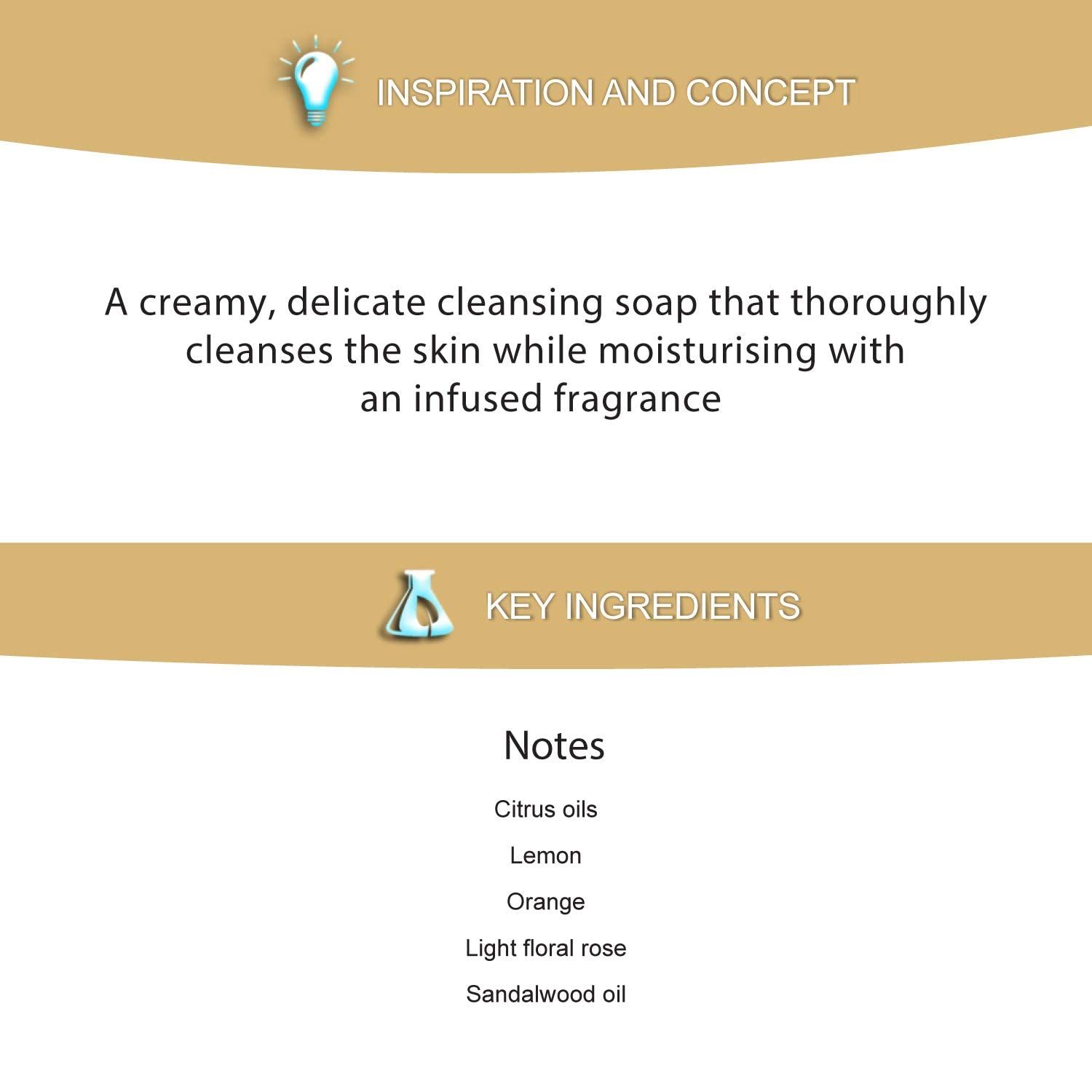 Testo su sfondo bianco. Titolo: 'INSPIRATION AND CONCEPT'. Testo sul sapone detergente. Elenco degli ingredienti.